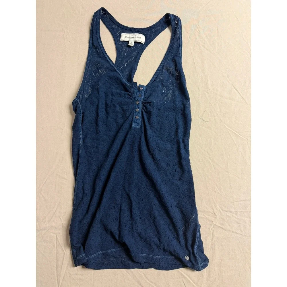 Abercrombie & Fitch Womens Navy Blue Floral Lace Henley Racerback Tank Top Small - Picture 1 of 4